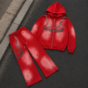 Ensemble de survêtement vintage OEM pour <span class=keywords><strong>homme</strong></span>, avec sweat à capuche zippé oversize et pantalon de survêtement <span class=keywords><strong>large</strong></span>, imprimé strass délavé - Product Image 1