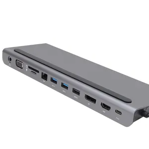 USB C 11 In 1 Hub ekspansi Dock Laptop Tipe C ke DP HDTV VGA USB 3.0 SD RJ45 PD 3.5mm Audio USB C stasiun Dok