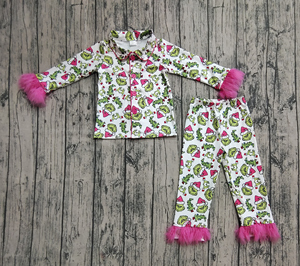 Ensemble de pyjamas pour enfants de la boutique de mode de Noël personnalisée, nouveaux designs, imprimé plumes vertes, tissu peigné respirant, pour sœurs - Product Image 5