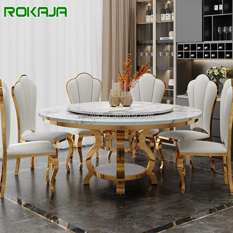 Luxury Round Dining Room Table Gold Stainless Steel Base Marble Top ...