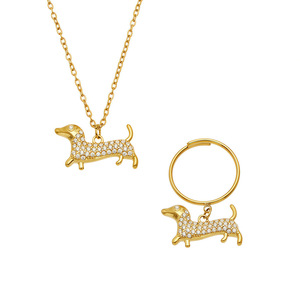 2 adet 18 ayar altın kaplama 316L paslanmaz çelik tam taşlı CZ Dachshund köpek kolye yüzük seti evcil hayvan sevenler için hayvan figürlü takı hediyesi kadınlar için - Product Image 6