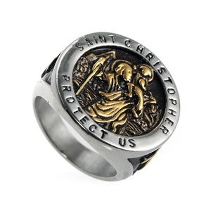 Bague religieuse antique Vintage pour hommes, médaille en relief solide, bague de protection en acier inoxydable américain - Product Image 3