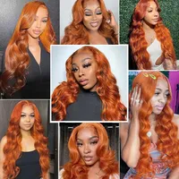 Wig Rambut Asli HD Lace Front 34 36 Inch Warna Oranye Ginger, Wig Frontal Body Wave 13x4, Wig Rambut Asli Berwarna Pre Plucked untuk Wanita