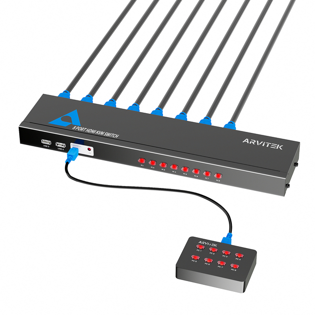 8 Port H D M I KVM Switch, Rack Mount KVM, 4K30Hz, Includes 8 H D M I KVM Cables, Remote, 4 USB 2.0 Port, Wired Controller
