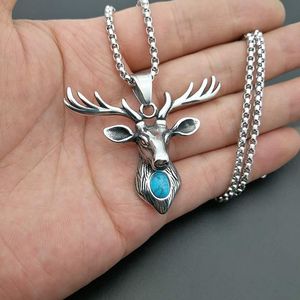 yunnique <b>Titanium</b> Steel Elk Head Pendant Necklace With Turquoise Inlay Silver <b>Chain</b> 3mm 61cm Gift Jewelry Animal Design - Product Image 5
