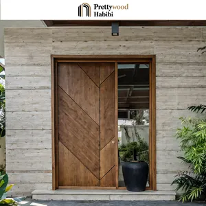 Prettywood Moderno Residencial com desenho de barra de madeira maciça de nogueira americana, porta de entrada principal externa para casa