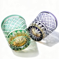 Ensemble de 2 verres à whisky coupés à la main, style ancien, violet et vert, verres à whisky Edo Kiriko pour bourbon, scotch, bar, cadeau spécial
