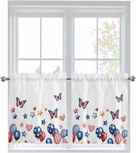 Rideaux de cuisine drapeau USA, bleus et rouges, à motifs étoiles tombantes, rideaux courts à volants pour café, petites fenêtres, 2 panneaux - Product Image 3