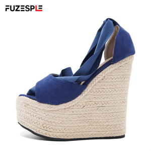 Nuova moda estiva sandali tacco alto con cinturini avvolgenti alla caviglia e spicchi in corda di canapa da 16cm espadrillas con plateau sandali con zeppa - Product Image 2