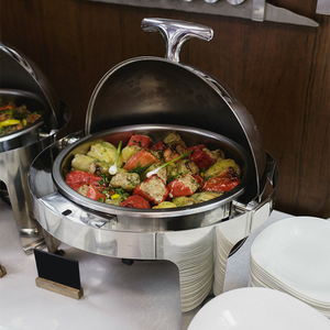 Set Chafing <span class=keywords><strong>Dish</strong></span> Commerciale in Acciaio Inox da 6L, Moderno Scaldavivande Rotondo Argento per Buffet - Product Image 3