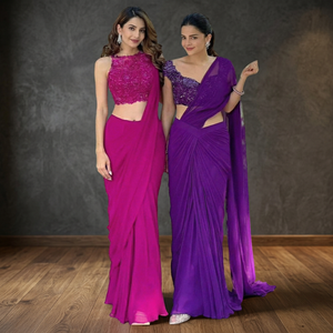 Statement Pink <b>Purple</b> Pre Stitched Shimmer <b>Saree</b> Elegant Women Party Wear Outfit Festive Season Evening Events Regular Fit ODM - Product Image 3