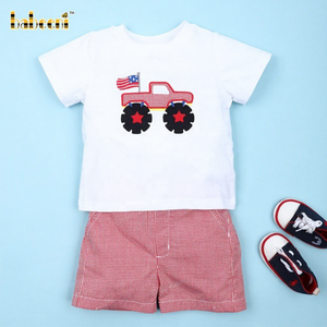 Wholesale Customizable Handmade Luxury Cotton Embroidery Outfit White Red <b>Animal</b> <b>Pattern</b> Boy's OEM/ODM Design-BB3183 Babeeni Set - Product Image 1