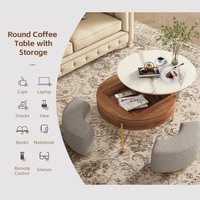 Ensemble de tables basses gigognes en marbre, style moderne, salon, table ronde avec plateau relevable, rangement central, avec 3 tabourets ottoman en tissu