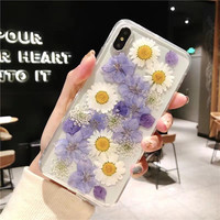 Coque de téléphone transparente à fleurs sèches mignonnes pour iPhone 13 14 Pro Max, étui de téléphone en TPU à fleurs réelles pressées à la main pour iPhone 12 Pro