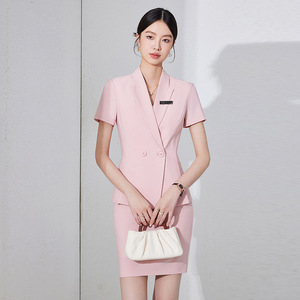 Pink Suit Set Women Short Sleeve Notched Collar Summer Office Lady Formal <b>Work</b> Uniform Anti-Wrinkle Worsted Fabric - Product Image 3