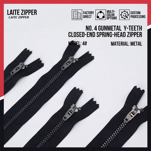 Laite 4 #   Cerniere in metallo Y Teeth all'ingrosso di alta qualità, lucide color canna di fucile, <span class=keywords><strong>con</strong></span> testa a <span class=keywords><strong>molla</strong></span>, a fondo chiuso, per jeans, <span class=keywords><strong>con</strong></span> logo personalizzato - Product Image 4