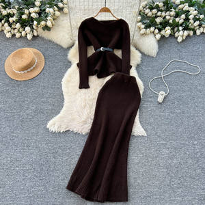 Set Kasual 2 Potong untuk Wanita Atasan Tunik Berikat dan Rok Rajut Setelan Ropa Grosir - Product Image 2