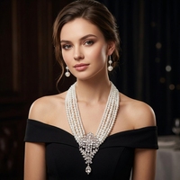 Parure de bijoux de luxe vintage en fausses perles multicouches, collier et boucles d'oreilles, avec pendentif goutte d'eau en strass étincelant, en argent