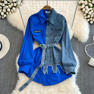 Nuova Collezione: Camicia in Denim Asimmetrica a Maniche Lunghe per Donna, Taglie Forti, Bluse Femminili - Product Image 2