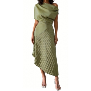 Robe midi asymétrique à une épaule pour femme - Robe de soirée plissée tendance - Product Image 1