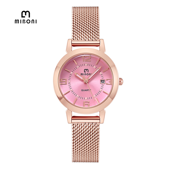 Classic Fashion Style Waterproof Alloy Case Glass Dial Women's Quartz Watch with Stainless Steel Mesh Band and Pointer Display