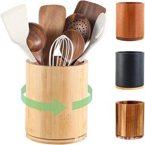 Caja giratoria de madera para cubiertos, organizador de cocina redondo de bambú, Lazy Susan, soporte multiusos para utensilios de cocina. - Product Image 1