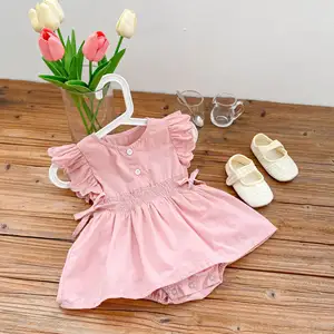 2022 Baby New Born Clothes Baby Rompers Solid Color Pointelle Summer Cotton Pink Newborn Baby Girl Romper Flying Sleeve