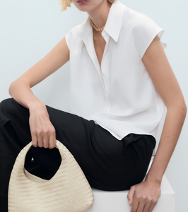 Chemisier décontracté <span class=keywords><strong>sans</strong></span> manches blanc à col boutonné en soie/coton non tissé pour femme, idéal pour le <span class=keywords><strong>travail</strong></span> - Product Image 6
