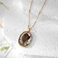 Kalung Bunga Mawar Bohemian Wanita, Liontin Daun Bunga Kering Resin Vintage