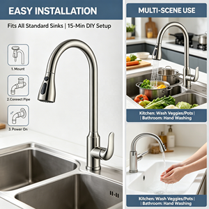 Robinet de cuisine commercial au design moderne, fabriqué en Allemagne, à poignée unique, en acier inoxydable nickel brossé, avec douchette extractible - Product Image 5