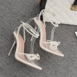Sandalias de Tacón con Punta en Pico y Lazo de Moda, Talon Femme, Correa Cruzada en el Tobillo, Tacones Plateados con Perlas para Mujer, Verano 2024 - Product Image 6