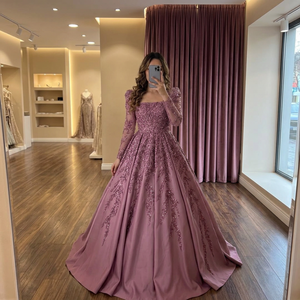 Lavender Square Neck Long Sleeve Beaded Taffeta A-Line Floor-Length Natural Waist Zipper Back Built-in Bra Breathable Dress - Product Image 3