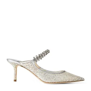Scarpe da donna tacchi sottili di alta qualità muli sandali con cinturino alla caviglia a punta di diamanti glitter pantofole mature