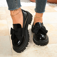 Mocassins à nœud pour femme, semelle compensée, plateforme épaisse, bout rond, style preppy, chaussures d'uniforme scolaire, noirs
