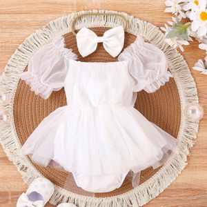 2024 pagliaccetto da bambina alla moda tute estive a maniche corte da <span class=keywords><strong>neonato</strong></span> fascia per la testa di colore puro abiti da principessa in rete per neonati - Product Image 5