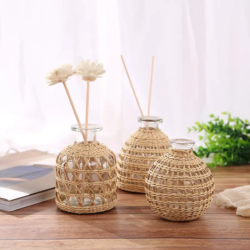 Rustikale handgemachte Natur Rattan Dekor Tisch kleine Glas Mini Kristall Hydro ponik Blumentopf Pflanze Vase