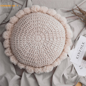 Cojín Redondo de Ganchillo Suave Tejido a Mano con Flores Beige, Pompones de Acrílico, para Decoración del Hogar, Regalo - Product Image 1