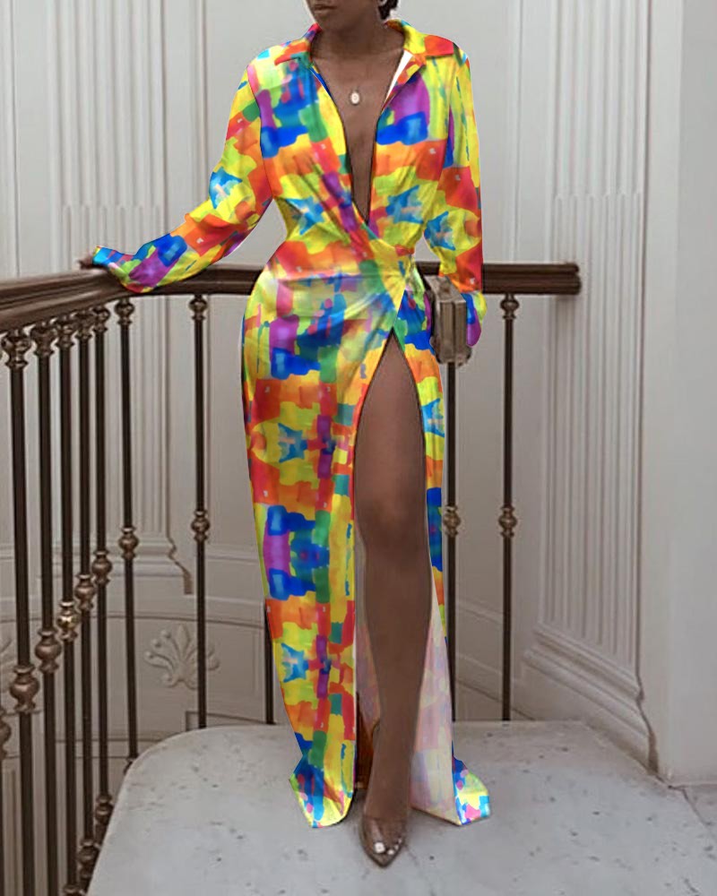 HYD6839 Autumn split mop dress shirt long sleeve printed dress for women