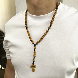 橄榄木念珠与Tau十字可调编织项链男士7 * 8毫米木珠手工念珠 - Product Image 5