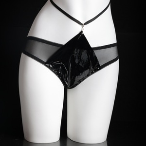 Glossy <b>Halter</b> <b>Neck</b> Strap <b>Bra</b> With Chain Women Sexy Costume PU Material Three Point Design - Product Image 2