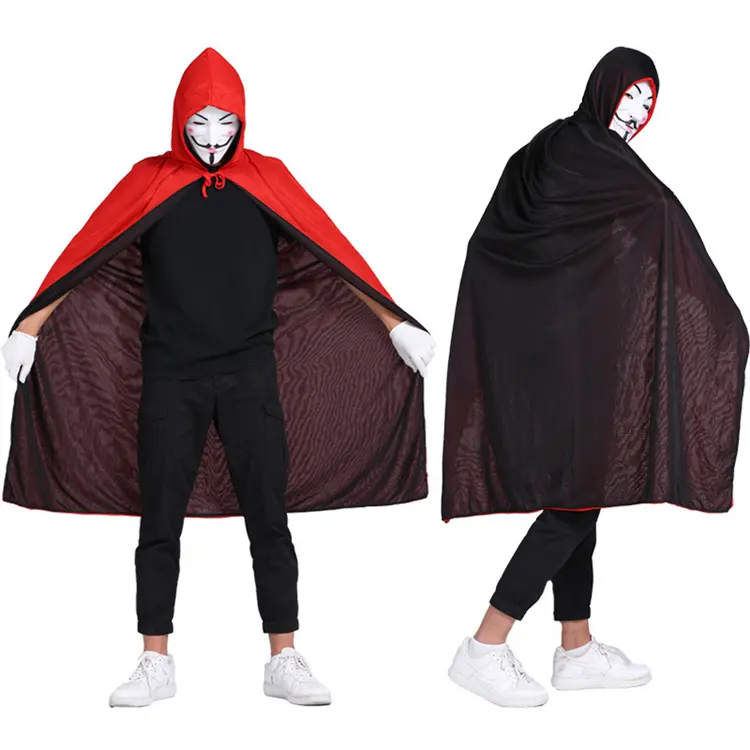 Jubah panjang bertudung anak-anak dewasa Cosplay peran Iblis penyihir merah hitam jubah bertudung Halloween hitam