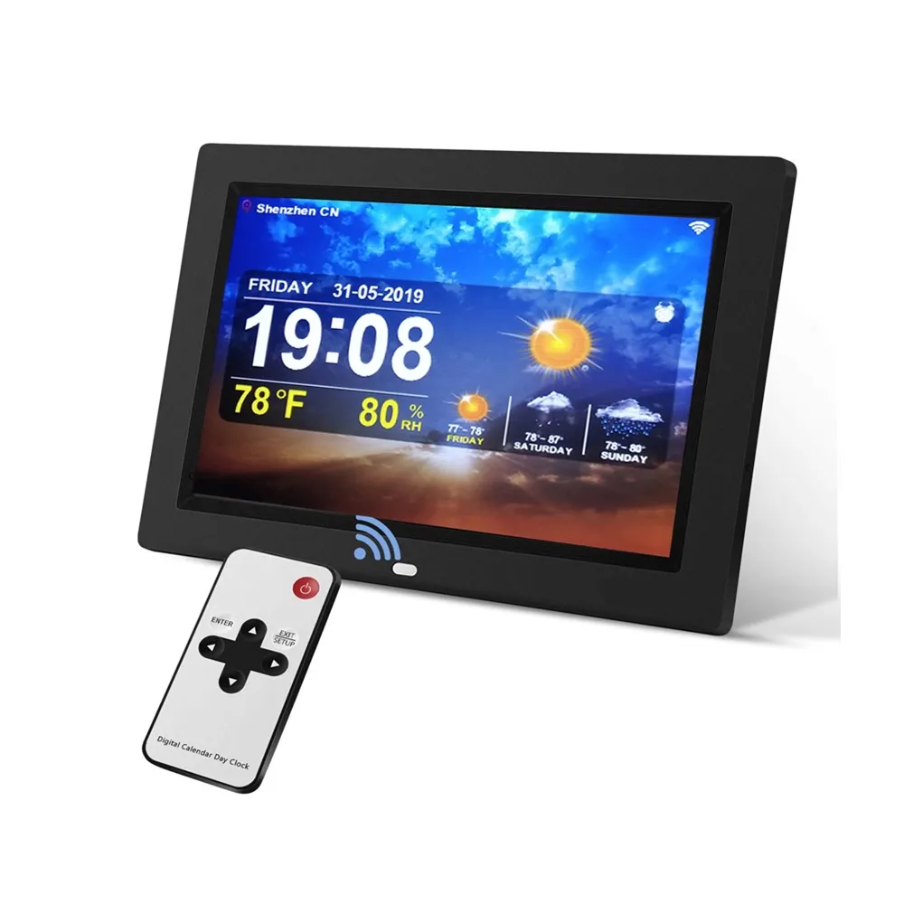 Reloj Digital con control remoto, pantalla ajustable de brillo, día, fecha, semana, pronóstico del tiempo, WiFi, 9 pulgadas