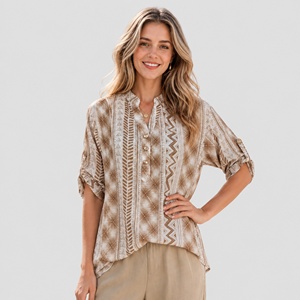 Camisa <span class=keywords><strong>de</strong></span> mezcla <span class=keywords><strong>de</strong></span> viscosa con estampado geométrico para <span class=keywords><strong>mujer</strong></span>, cuello en V, botones dorados, manga enrollable, blusa informal tribal, chemise femme - Product Image 3