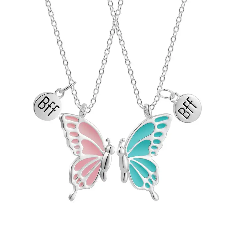 SC Wholesale 2pcs/set Friendship BFF Necklace Drip Oil Butterfly Pendant Necklace Valentine Day Couple Best Friends Necklace