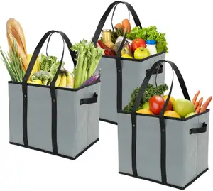 Large Reusable Non Woven Grocery Bags Gray Durable Heavy Duty Grocery Totes Bag