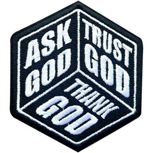 Parche bordado termoadhesivo de 3 pulgadas con la frase 'Ask God, Trust God, Thank God' para sombreros, ropa, mochilas y vaqueros. - Product Image 1