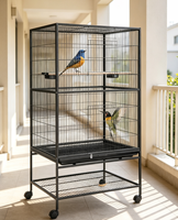 Cage à oiseaux noire grande capacité avec base mobile, étagère de rangement, design simple, finition émaillée, perchoirs en plastique pour animaux d'intérieur