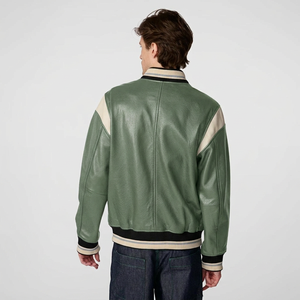 Wholesale <b>Men</b>’s Genuine <b>Leather</b> Varsity <b>Jacket</b> <b>Men's</b> Olive Green PU <b>Leather</b> Bomber <b>Jacket</b> With Cream Panels - Product Image 4
