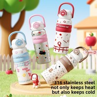 Gourde isotherme pour enfants en acier inoxydable 316, avec couvercle rabattable, motif dessin animé, sans BPA, anti-fuite, pour boissons chaudes et froides, avec bande en silicone, pour l'extérieur