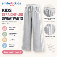 Smiledotkids Pantalon de survêtement personnalisé pour enfants, coupe large, gris, avec bordure en dentelle, taille à cordon de serrage, doux, OEM ODM, pour tout-petits garçons et filles, vente en gros